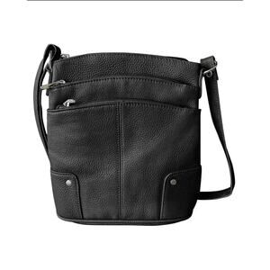 Cal-Wyn NWT Black Cowhide Leather Crossbody 4 zipper Pockets- 1 open pocket
